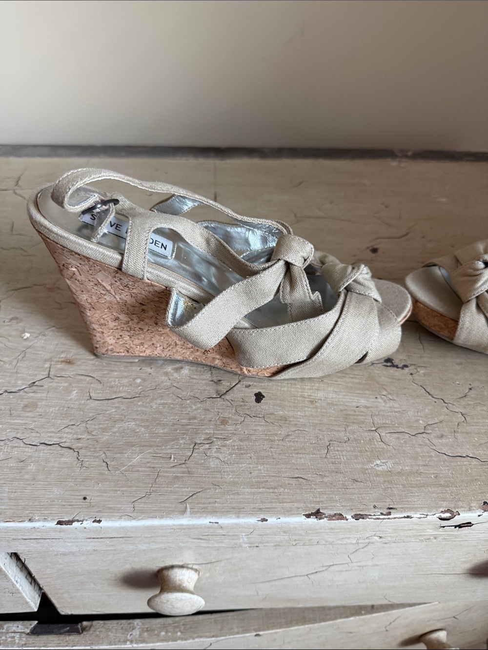 Steve Madden Beige Canvas Cork Knot Wedge Sandals